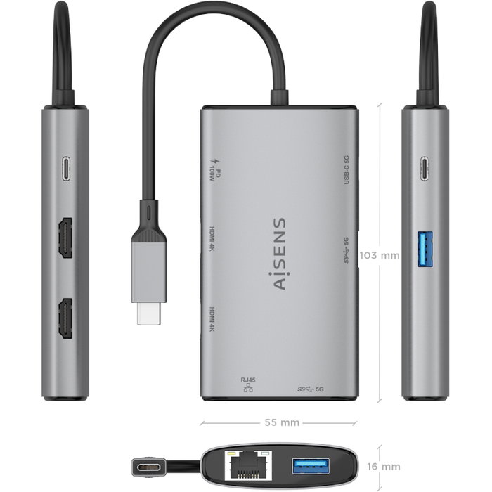 Aisens Docking USB Tipo-C 7 en 1 con 2xHDMI 4K, RJ45 y USB-C PD 100W, Gris